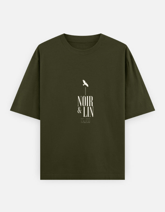 Noir & Lin A Quieter Standard Oversized Graphic Tee in Olive Green - front view