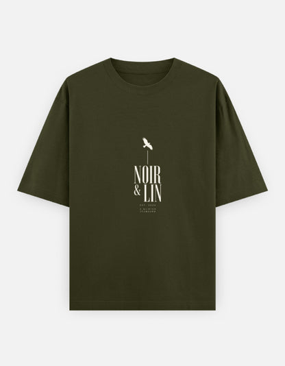Noir & Lin A Quieter Standard Oversized Graphic Tee in Olive Green - front view