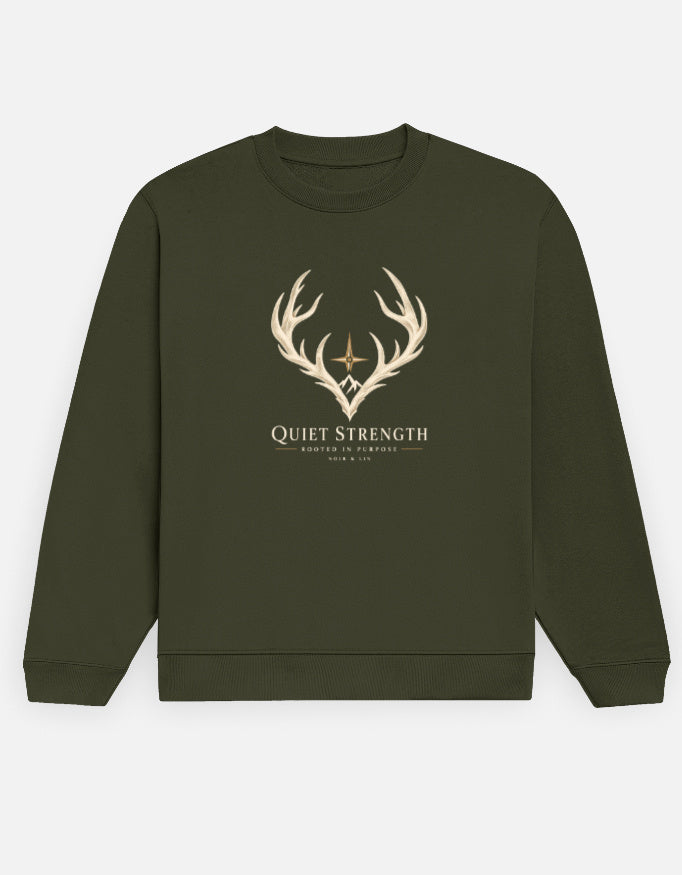 Noir & Lin QUIET STRENGTH crewneck sweatshirt in Olive Green, front view