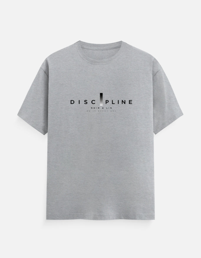 Noir & Lin DISCIPLINE Graphic T-Shirt in Grey Melange - front view
