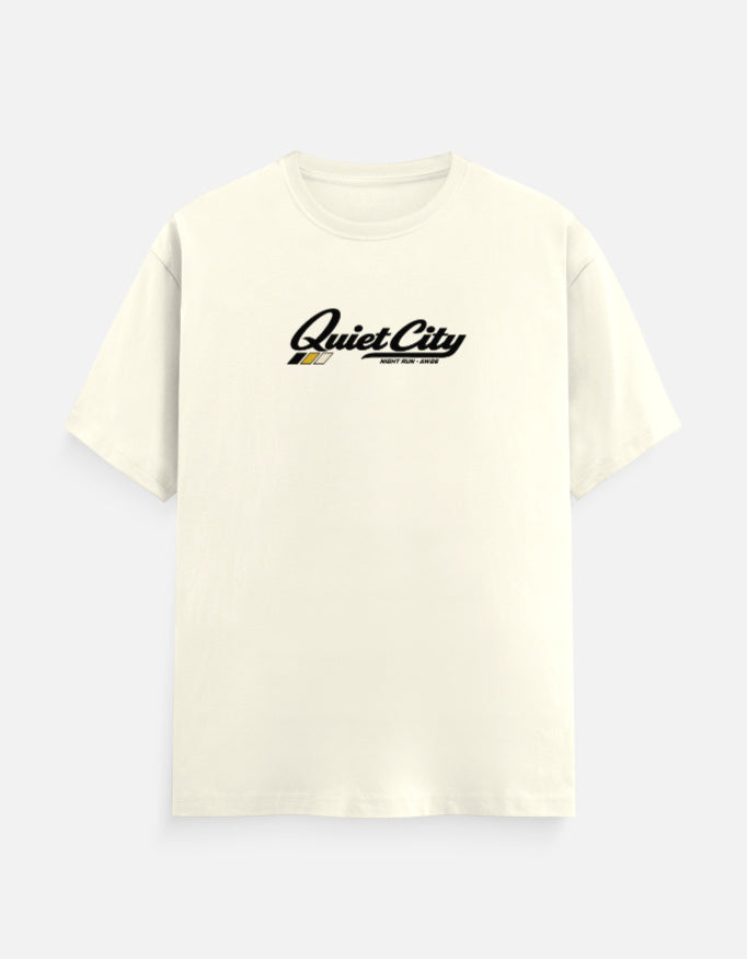Noir & Lin Quiet City — Night Run graphic tee in Off White, front view