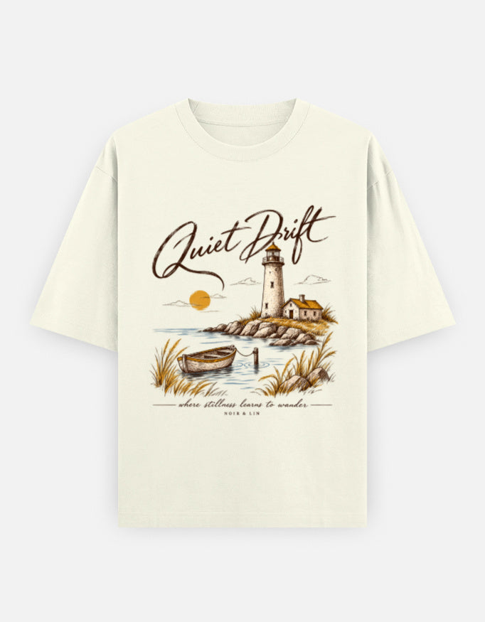Quiet Drift Lighthouse off-white oversized t-shirt, product view
