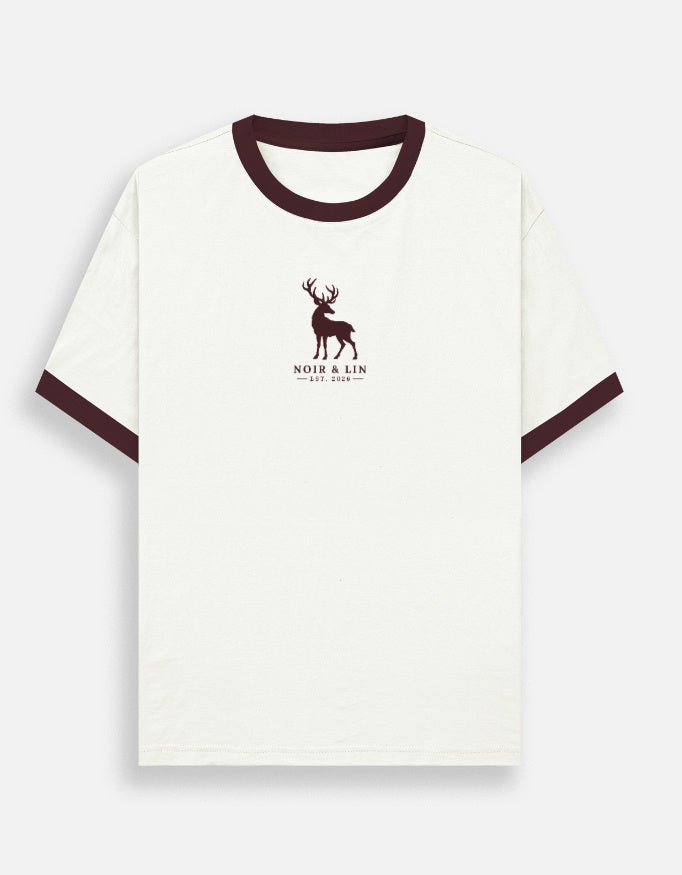 Noir & Lin STAG ringer tee in Off White with Maroon trims, front view