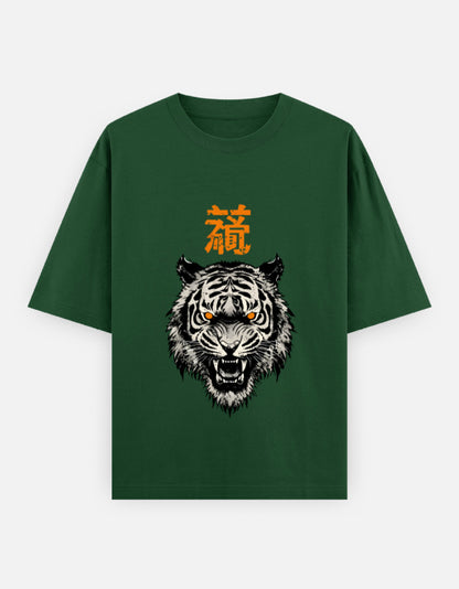 Tiger Spirit Oversized Heavyweight T-Shirt – Noir & Lin India Bottle Green