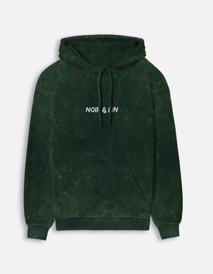Noir & Lin Classic Acid Washed Hoodie in Bottle Green, front view