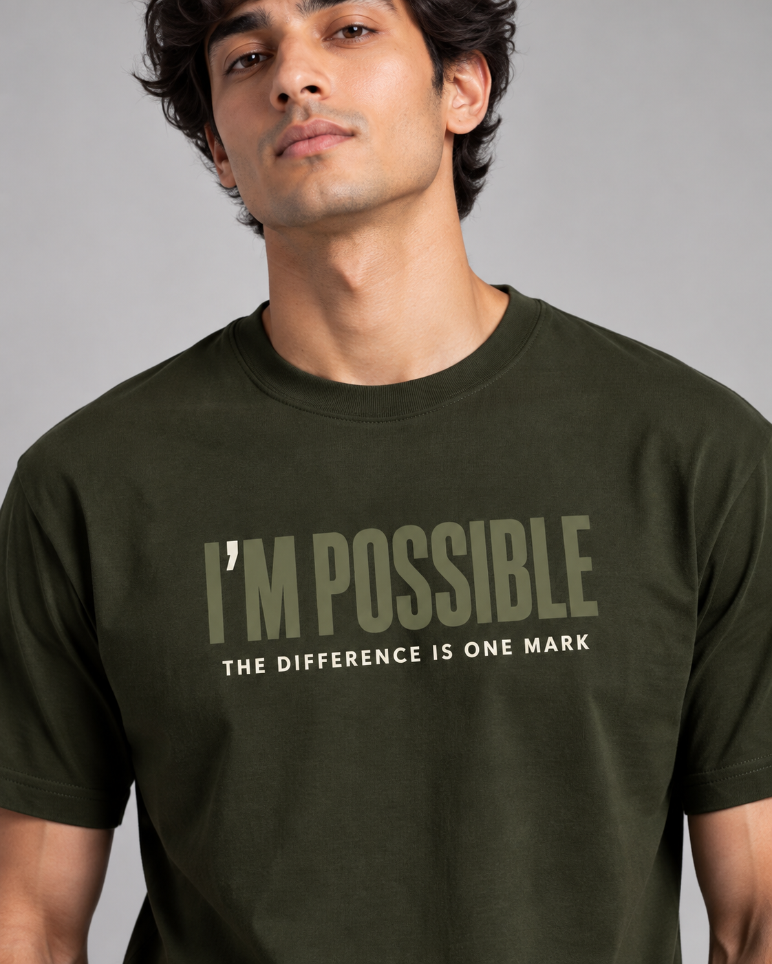 Noir & Lin IM POSSIBLE graphic tee in Olive Green, front view