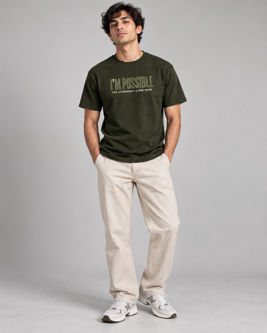 Noir & Lin IM POSSIBLE graphic tee in Olive Green, print detail shot