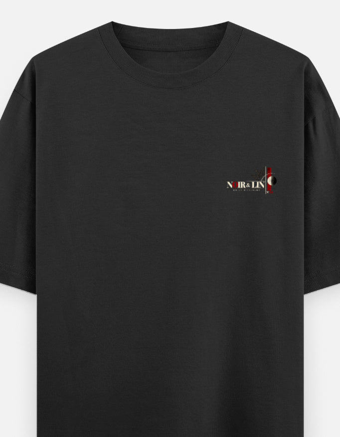Noir & Lin AFTER HOURS Oversized Graphic Tee in Black - left chest print detail