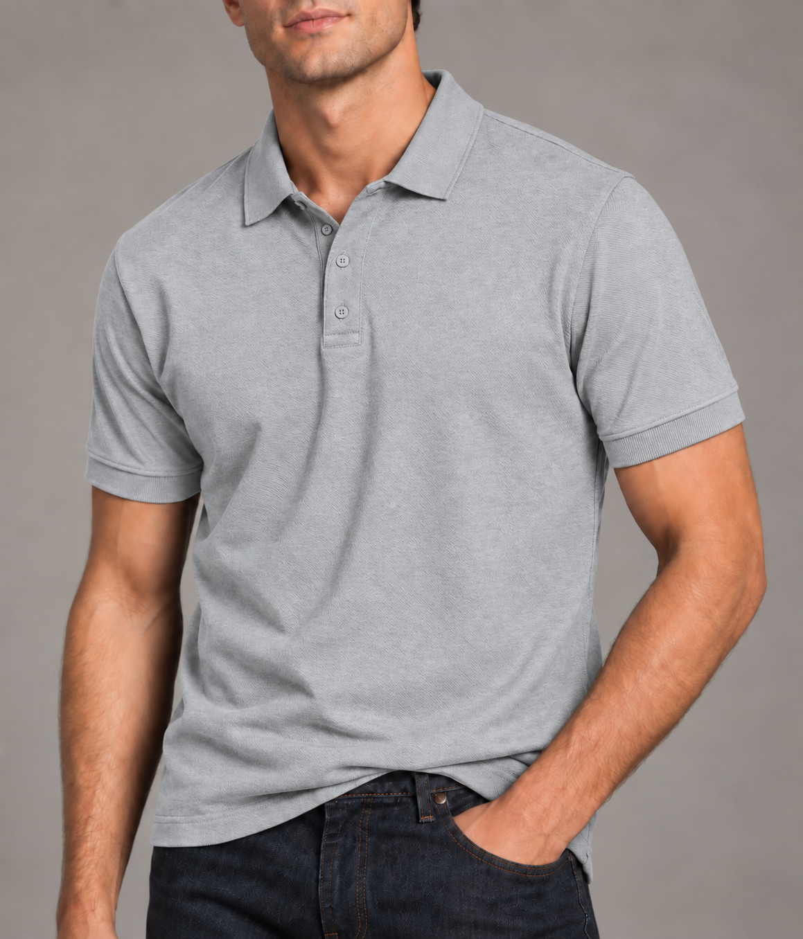 Men's solid polo t-shirt in Light Grey, 220 GSM Airtex cotton, studio portrait | Noir & Lin