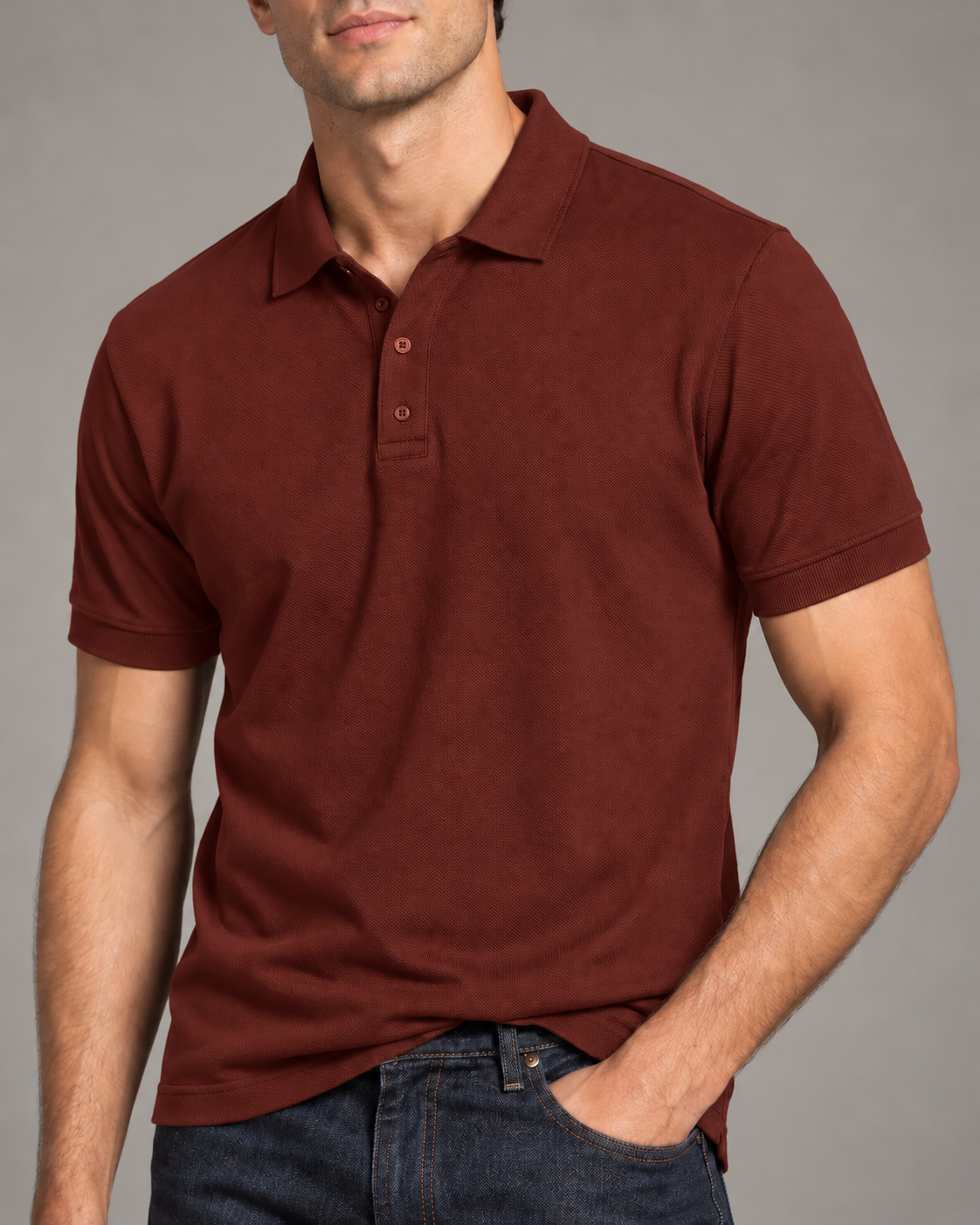 Men's solid polo t-shirt in Maroon, 220 GSM Airtex cotton, catalogue portrait | Noir & Lin