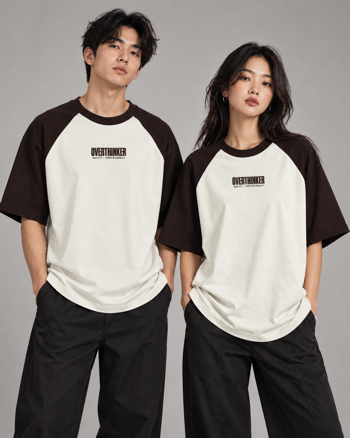 Noir & Lin OVERTHINKER oversized raglan tee in Coffee Brown and Off White, styled on two models (AI-generated model image)