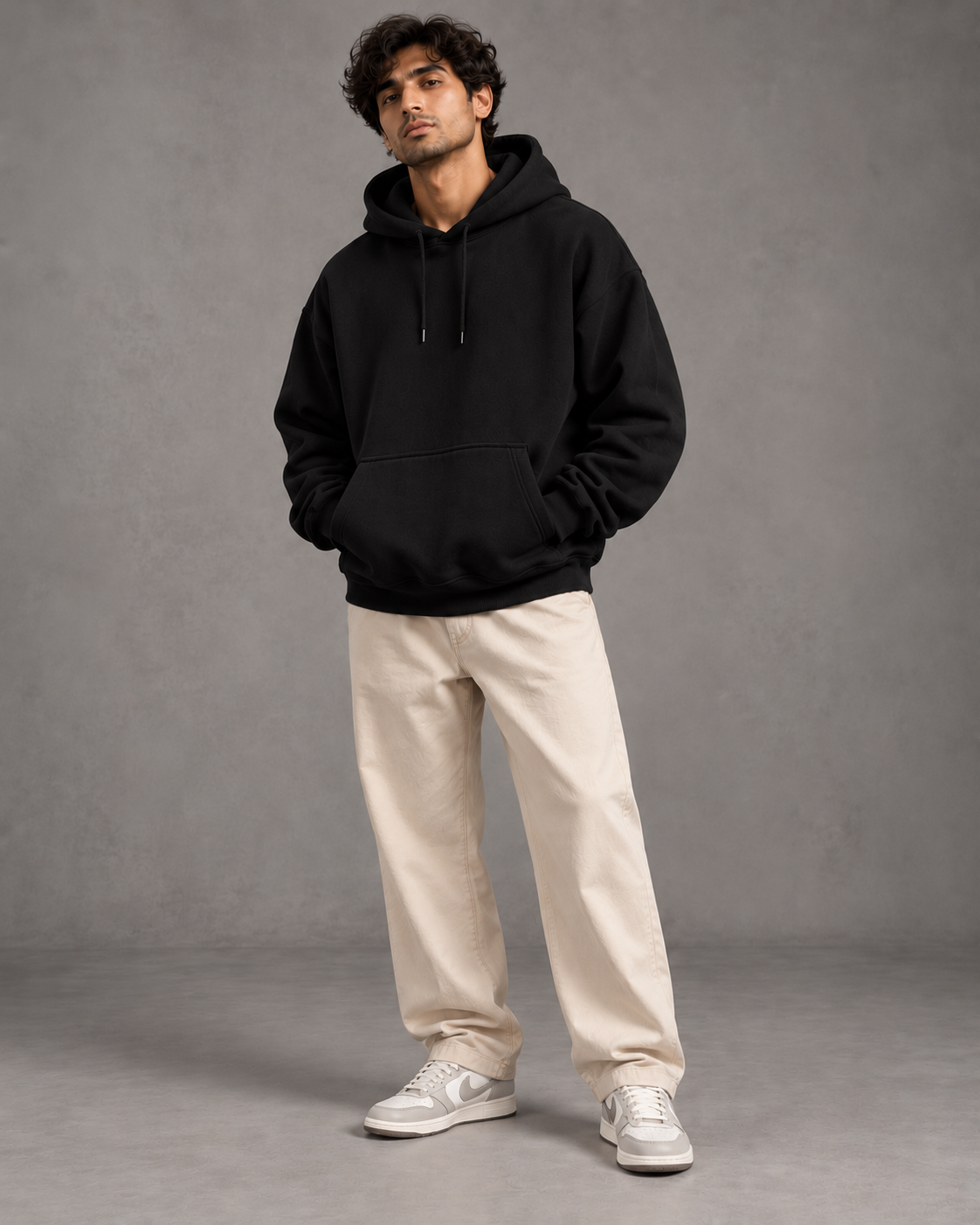 Noir & Lin men's solid oversized hoodie 440 GSM in Black, lookbook pose