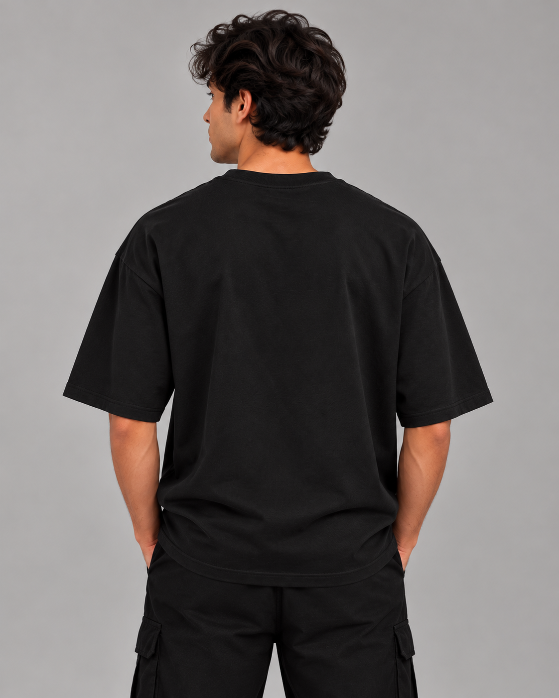 Noir & Lin OWL PEEK oversized graphic tee in Black, back view on model (AI-generated model image)