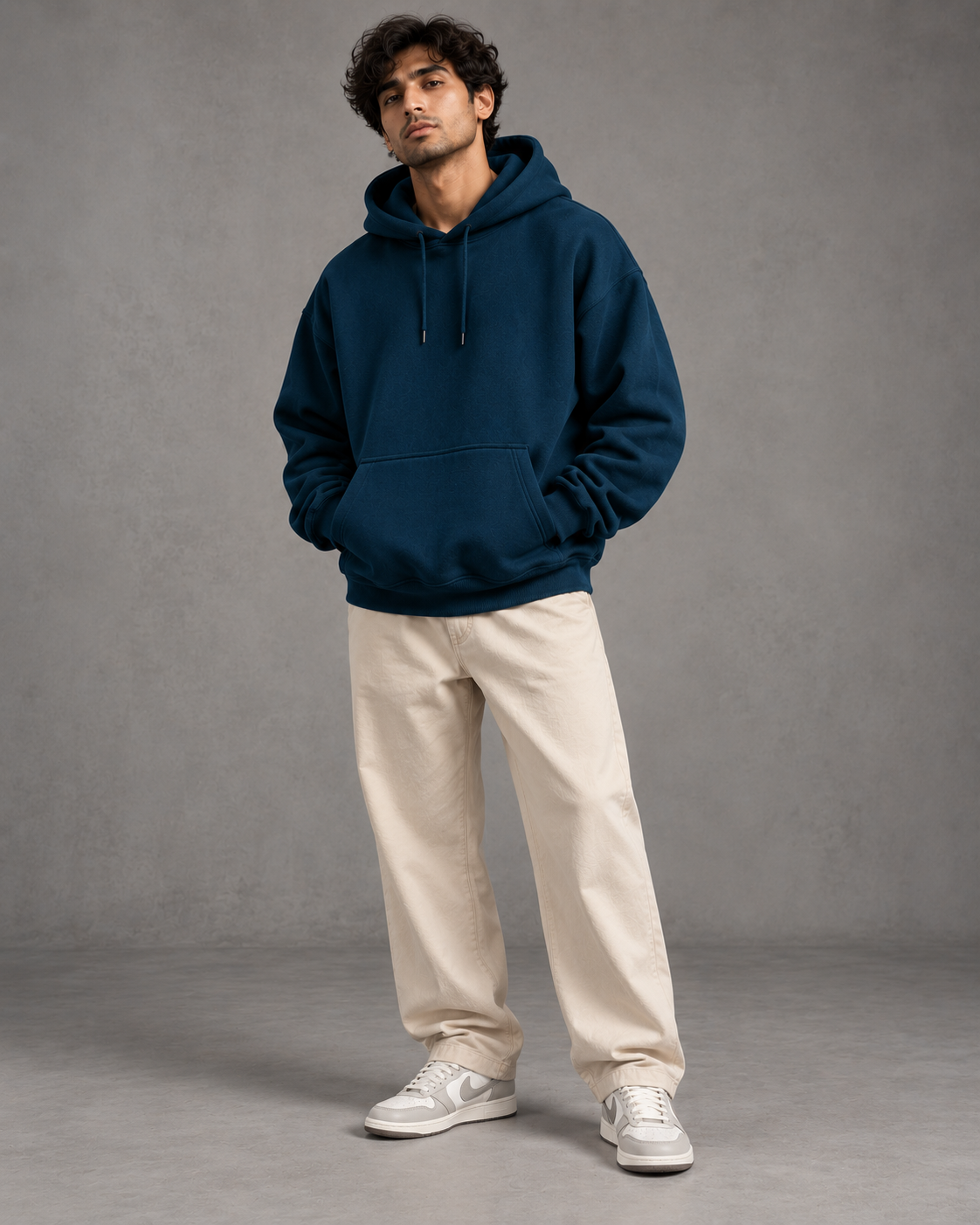 Noir & Lin men's solid oversized hoodie 440 GSM in Navy Blue, lookbook pose