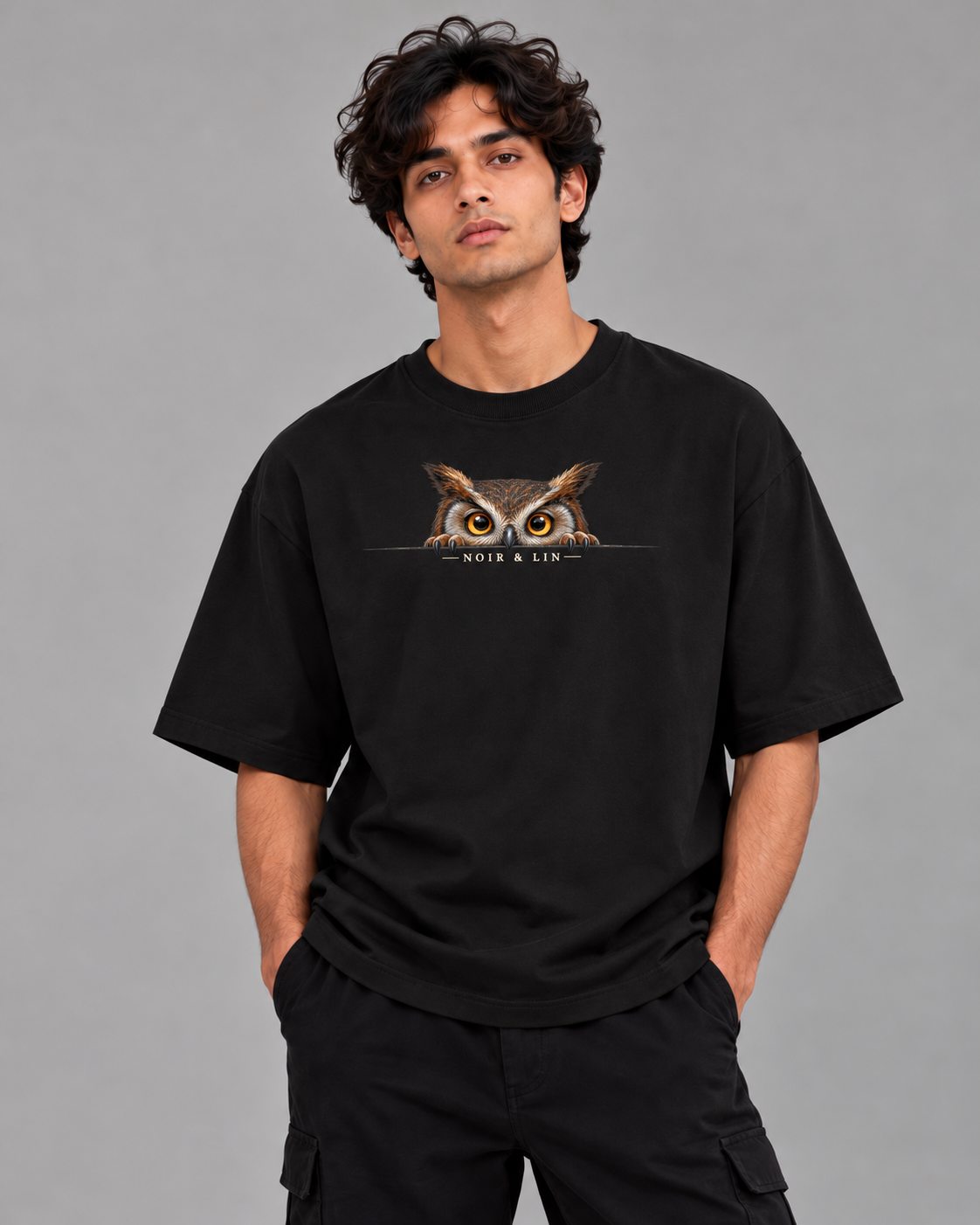 Noir & Lin OWL PEEK oversized graphic tee in Black, model portrait (AI-generated model image)