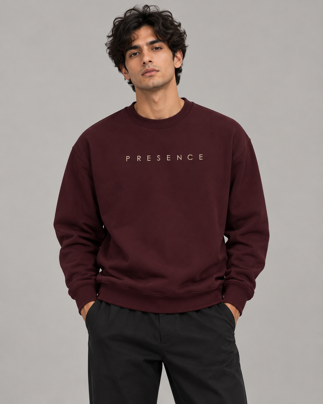 Noir & Lin PRESENCE crewneck sweatshirt in Maroon, minimalist model photo (AI-generated model image)