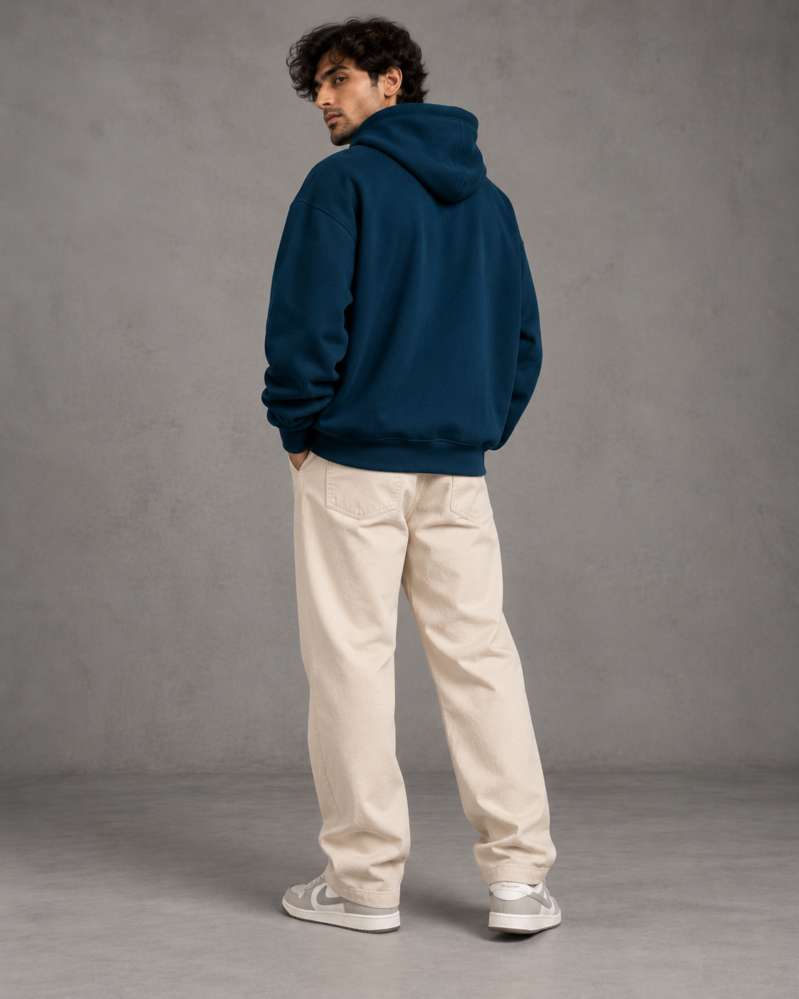 Noir & Lin men's solid oversized hoodie 440 GSM in Navy Blue, editorial pose
