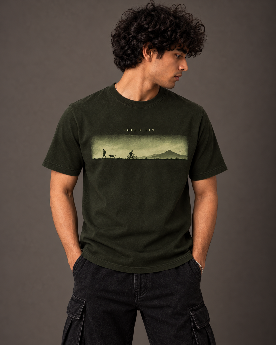 Noir & Lin Long Way Home graphic tee in Olive Green, lifestyle photo 2 (AI-generated model image)