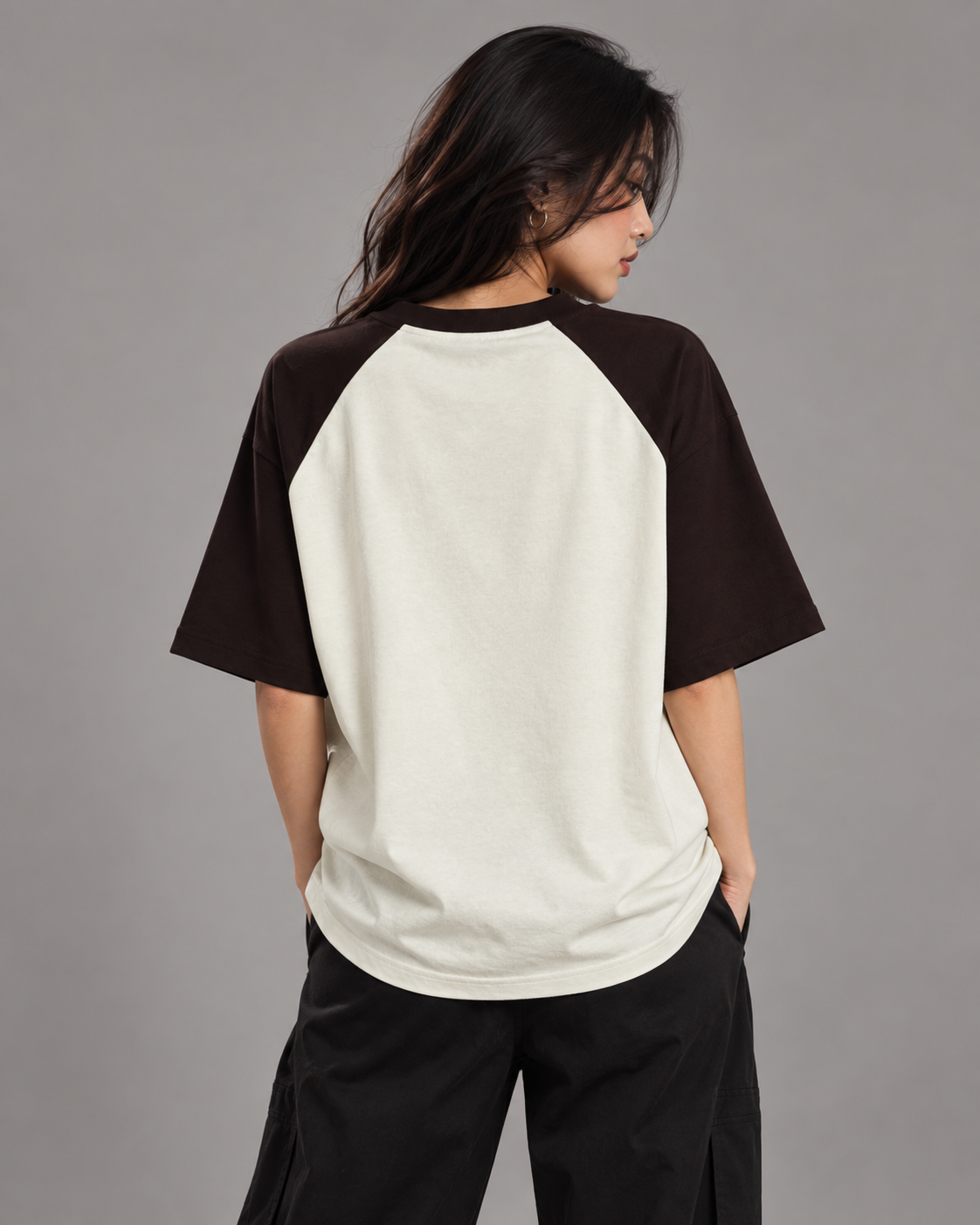Noir & Lin OVERTHINKER oversized raglan tee in Coffee Brown and Off White, back view on model (AI-generated model image)