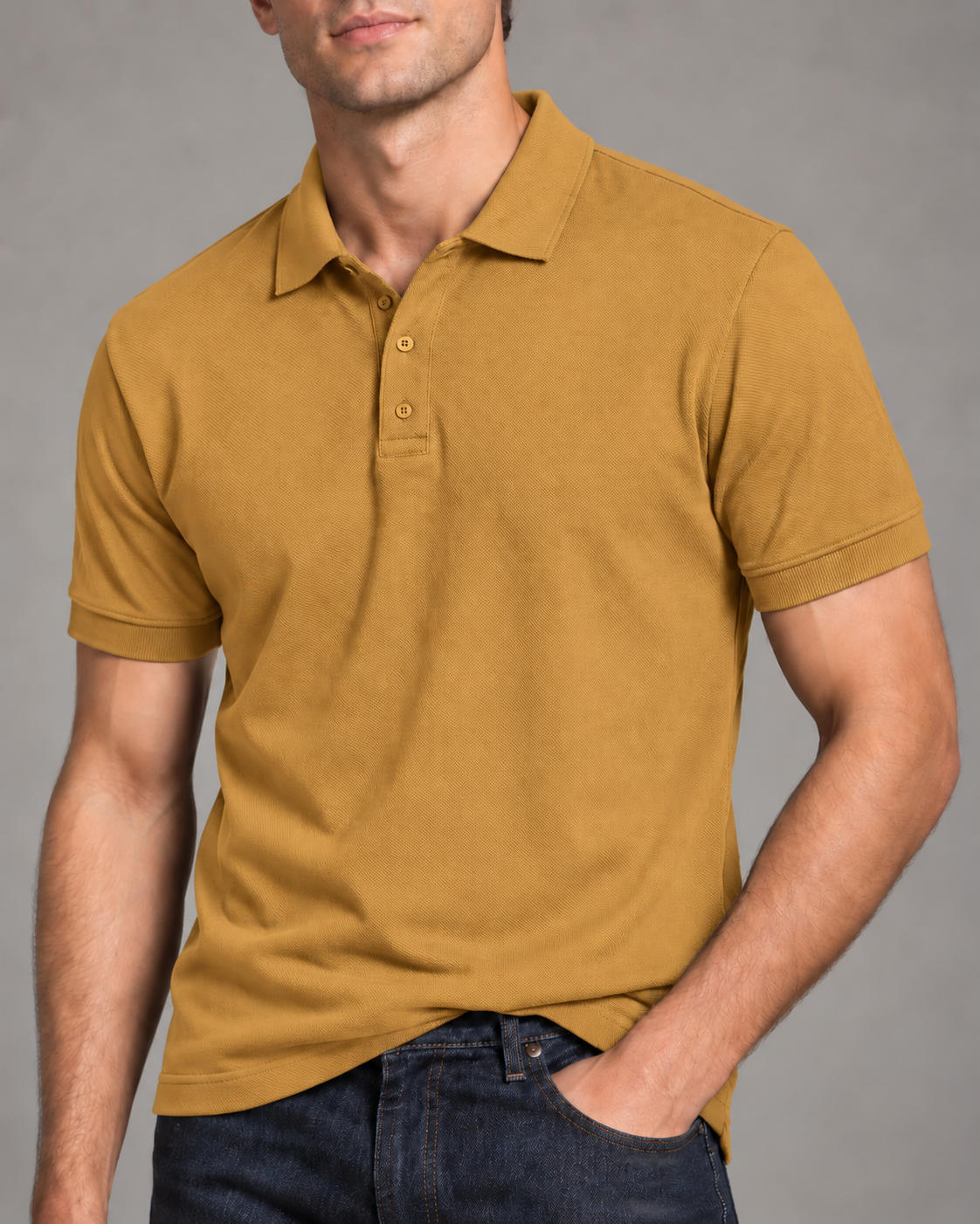 Men's solid polo t-shirt in Mustard, 220 GSM Airtex cotton, studio portrait | Noir & Lin