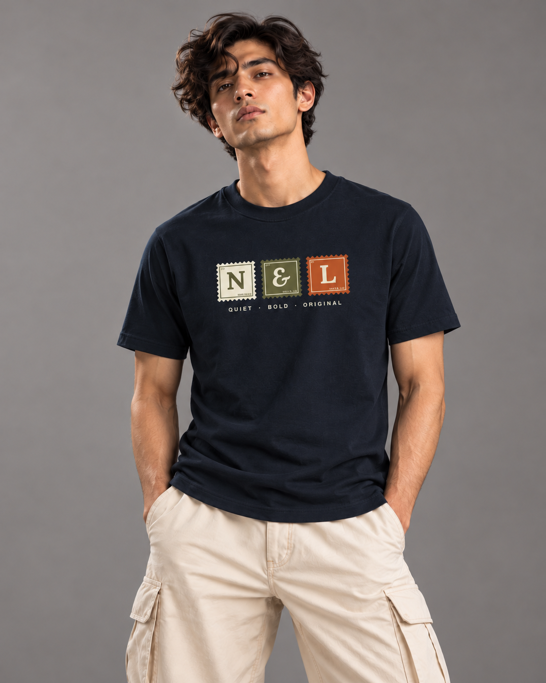 Noir & Lin First Edition Stamp Tee in Navy Blue, lifestyle photo 2 (AI-generated model image)