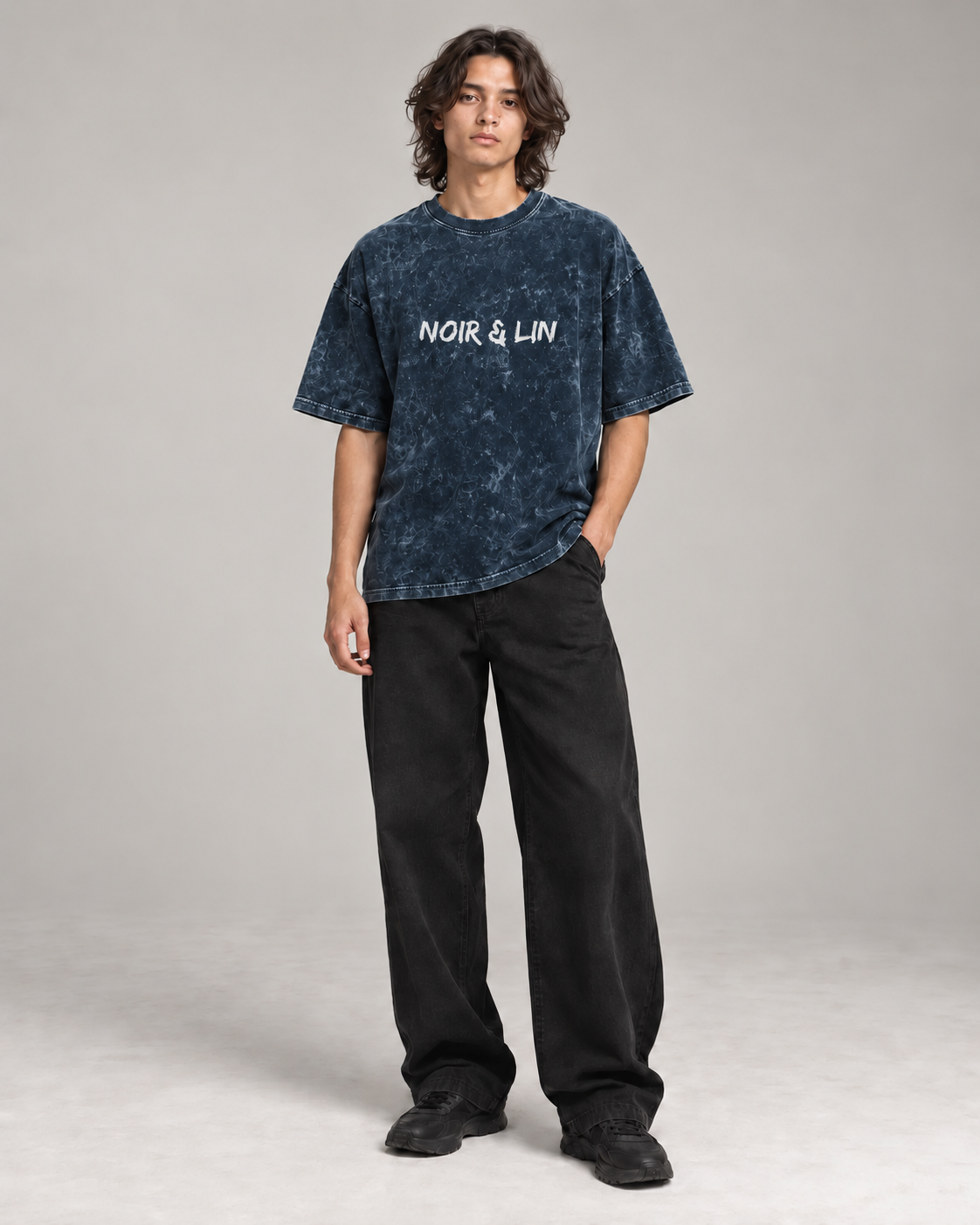 Noir & Lin Signature acid wash oversized tee in Navy, 240 GSM, model portrait