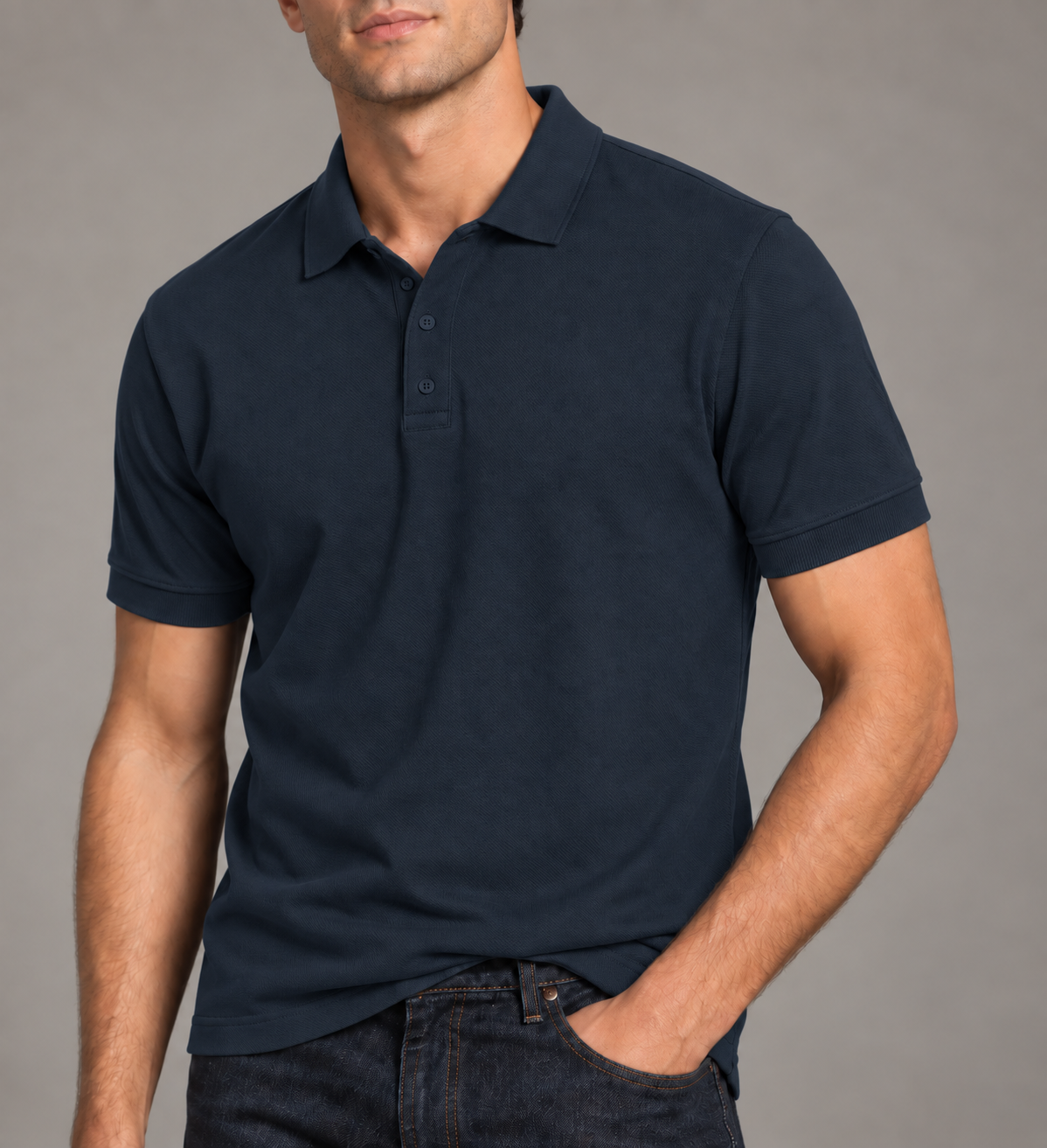 Men's solid polo t-shirt in Navy, 220 GSM Airtex cotton, studio portrait | Noir & Lin