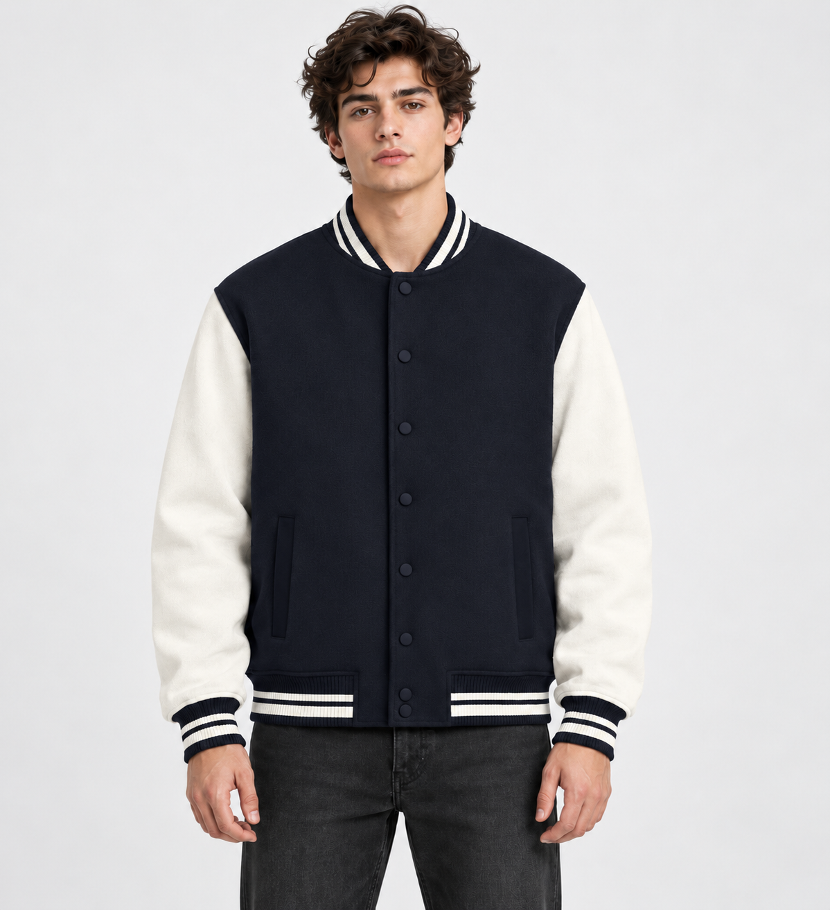Noir & Lin varsity jacket in Navy Blue, model portrait (AI-generated model image)
