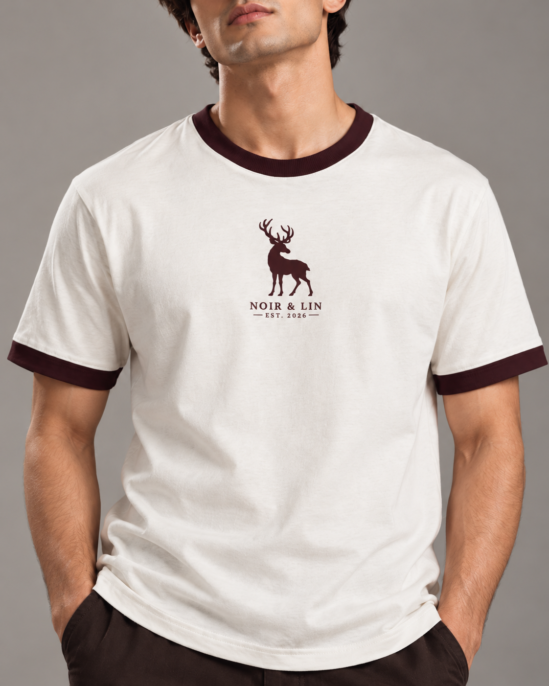 Noir & Lin STAG ringer tee in Off White with Maroon trims, lifestyle photo 1 (AI-generated model image)