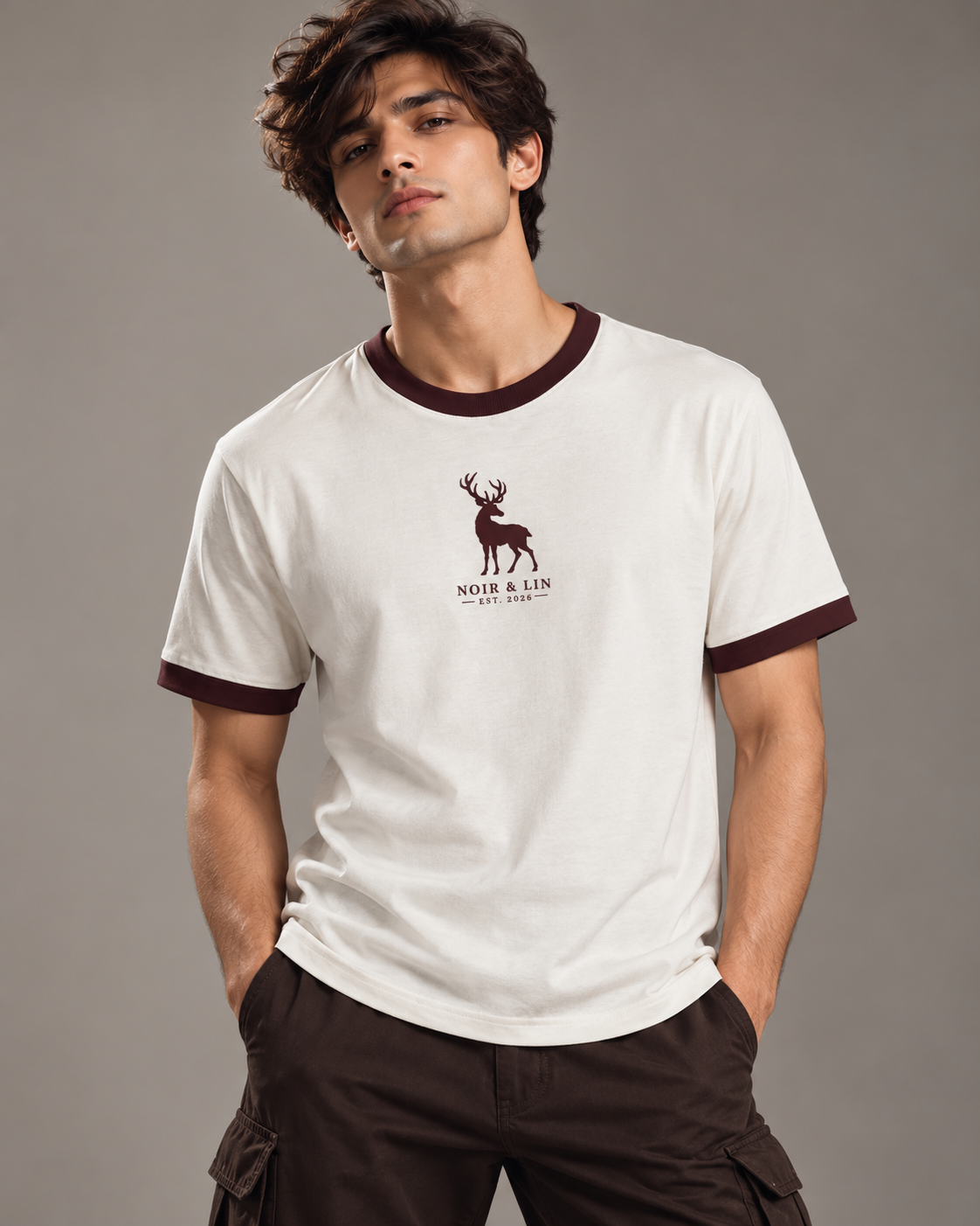 Noir & Lin STAG ringer tee in Off White with Maroon trims, lifestyle photo 2 (AI-generated model image)