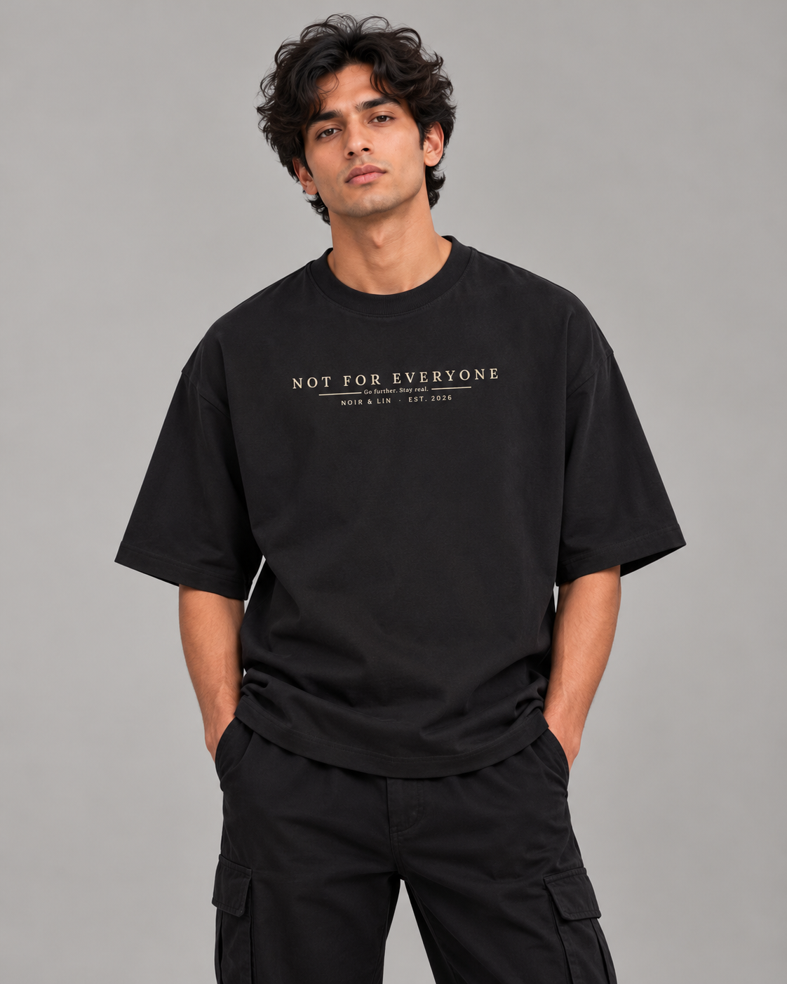 Noir & Lin NOT FOR EVERYONE oversized graphic tee in Black, lookbook photo (AI-generated model image)