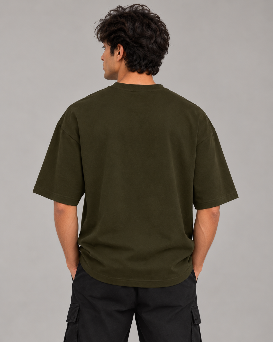 Noir & Lin HOLD STEADY oversized graphic tee in Olive Green, back view on model (AI-generated model image)