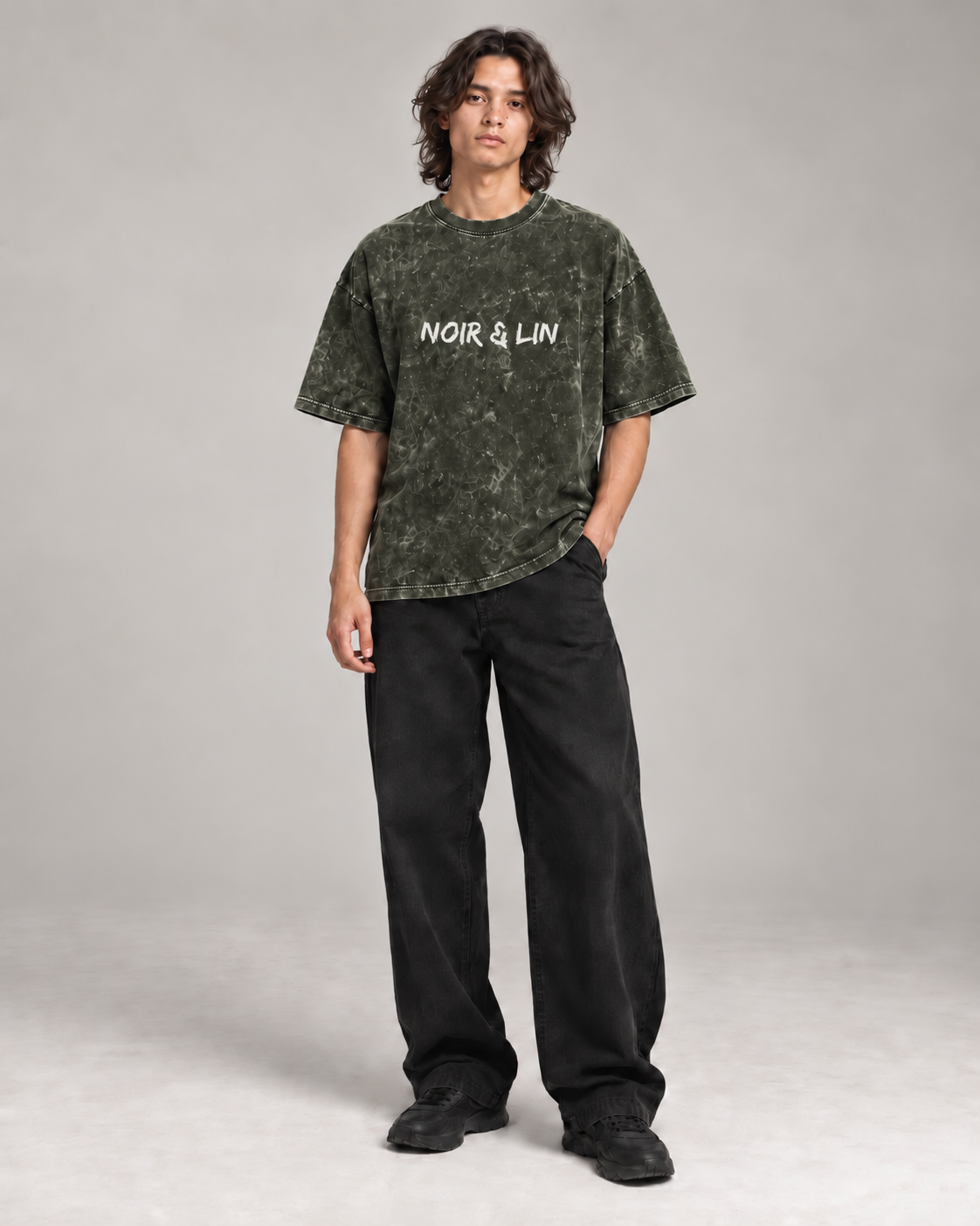 Noir & Lin Signature acid wash oversized tee in Olive, 240 GSM, model portrait