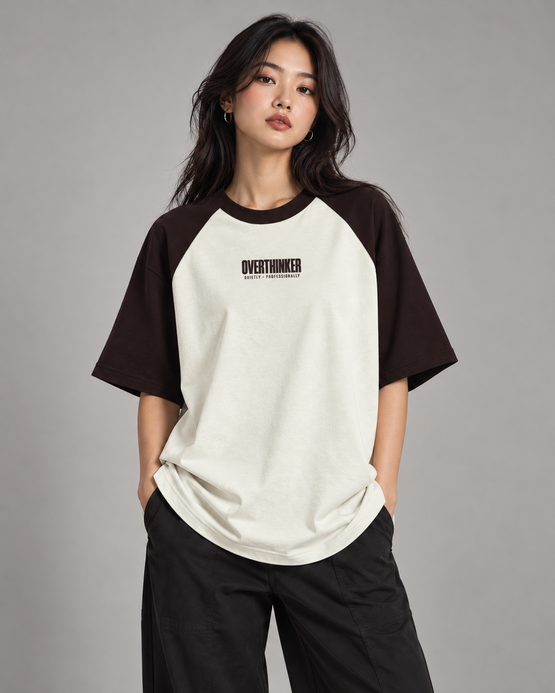 Noir & Lin OVERTHINKER oversized raglan tee in Coffee Brown and Off White, studio photo (AI-generated model image)