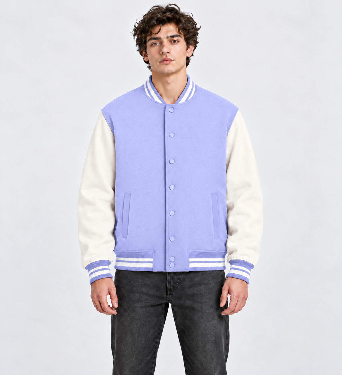 Noir & Lin varsity jacket in Lavender, model portrait (AI-generated model image)