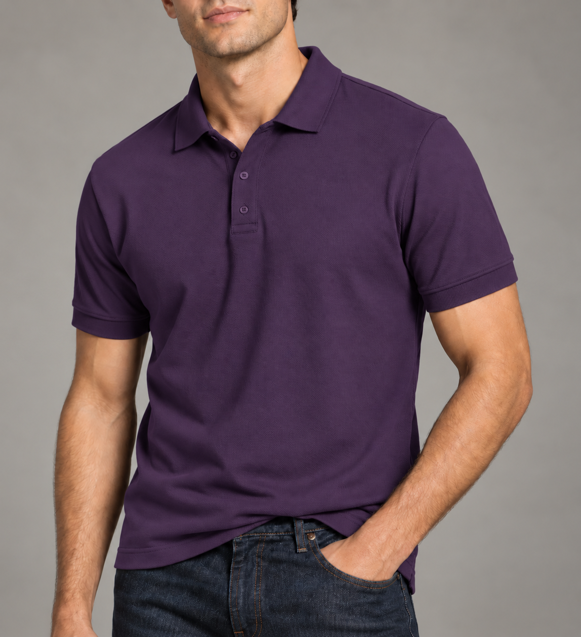 Men's solid polo t-shirt in Purple, 220 GSM Airtex cotton, studio portrait | Noir & Lin