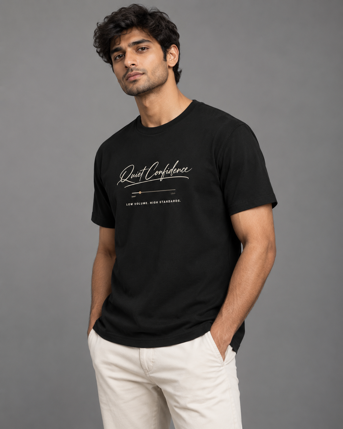 Noir & Lin Quiet Confidence graphic tee in Black, lifestyle photo 3