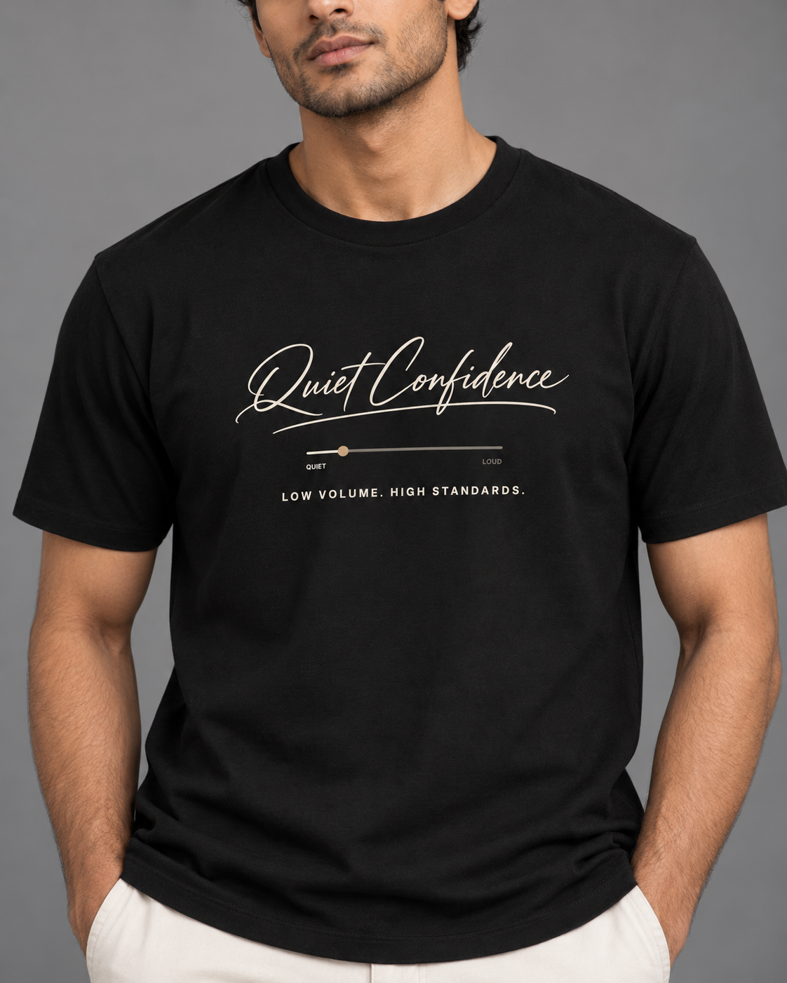Noir & Lin Quiet Confidence graphic tee in Black, lifestyle photo 2