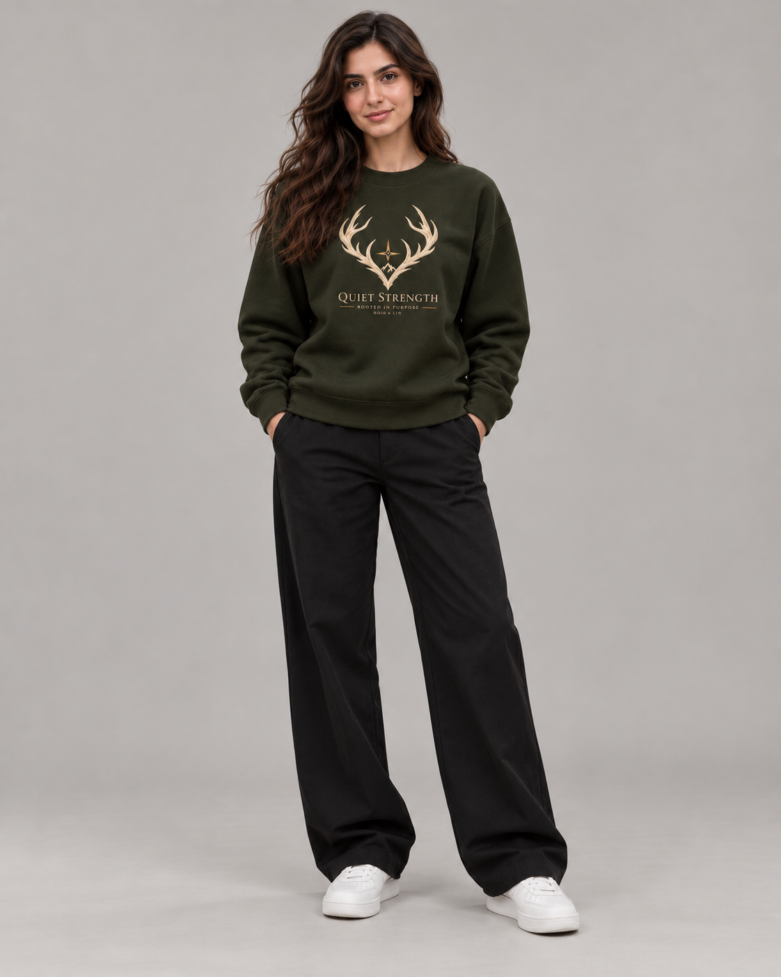 Noir & Lin QUIET STRENGTH crewneck sweatshirt in Olive Green, streetwear model photo (AI-generated model image)