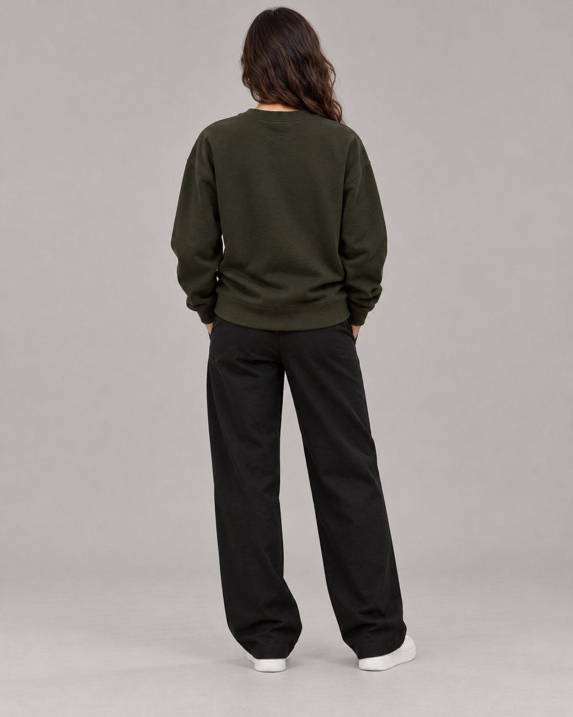 Noir & Lin QUIET STRENGTH crewneck sweatshirt in Olive Green, back view on model (AI-generated model image)
