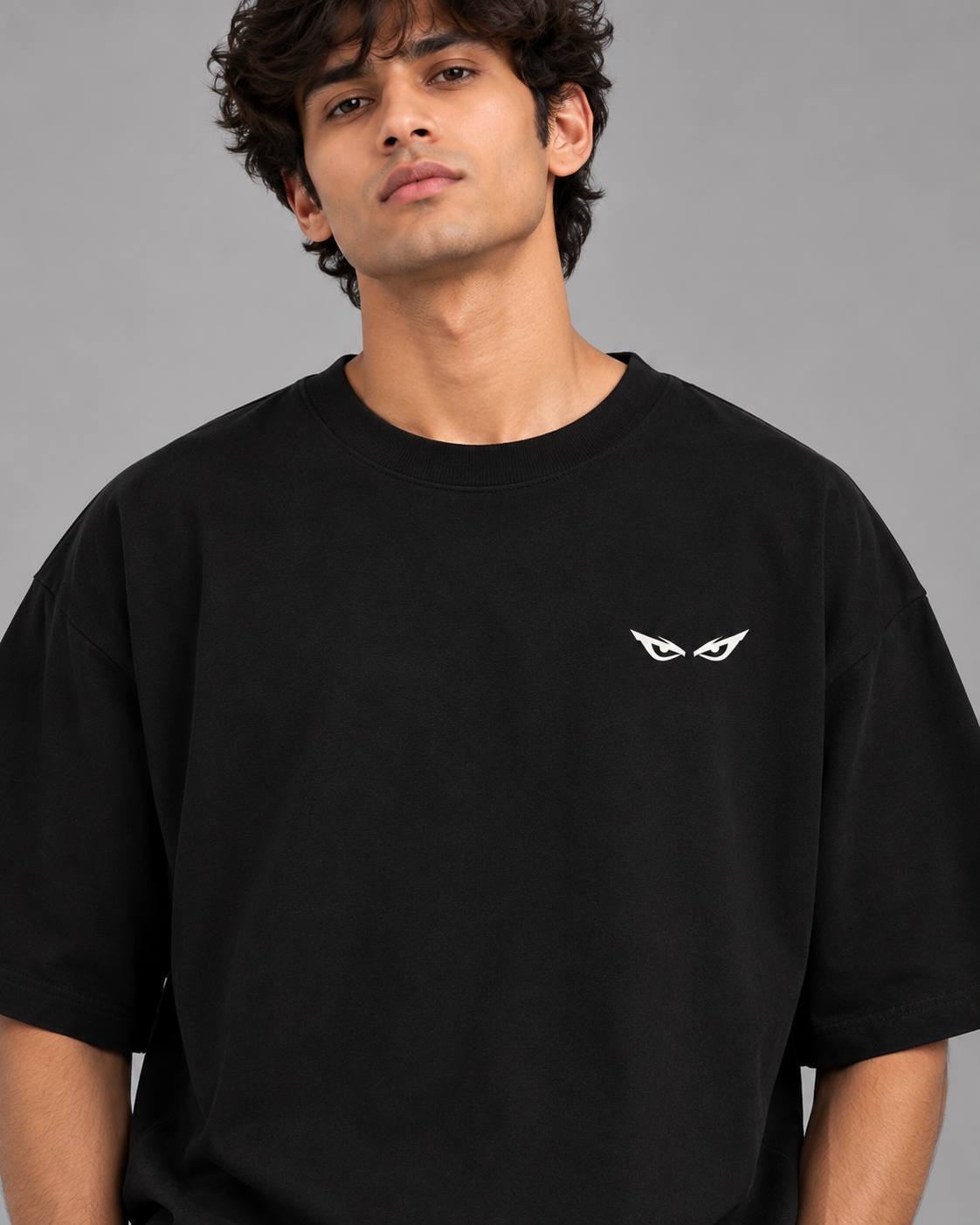 Noir & Lin AFTER HOURS Glow in the Dark oversized graphic tee in Black, studio model photo (AI-generated model image)