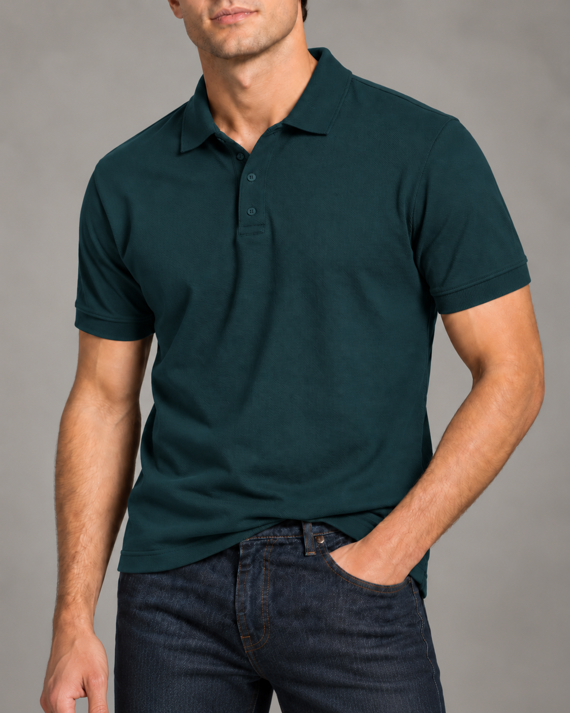 Men's solid polo t-shirt in Teal, 220 GSM Airtex cotton, studio portrait | Noir & Lin