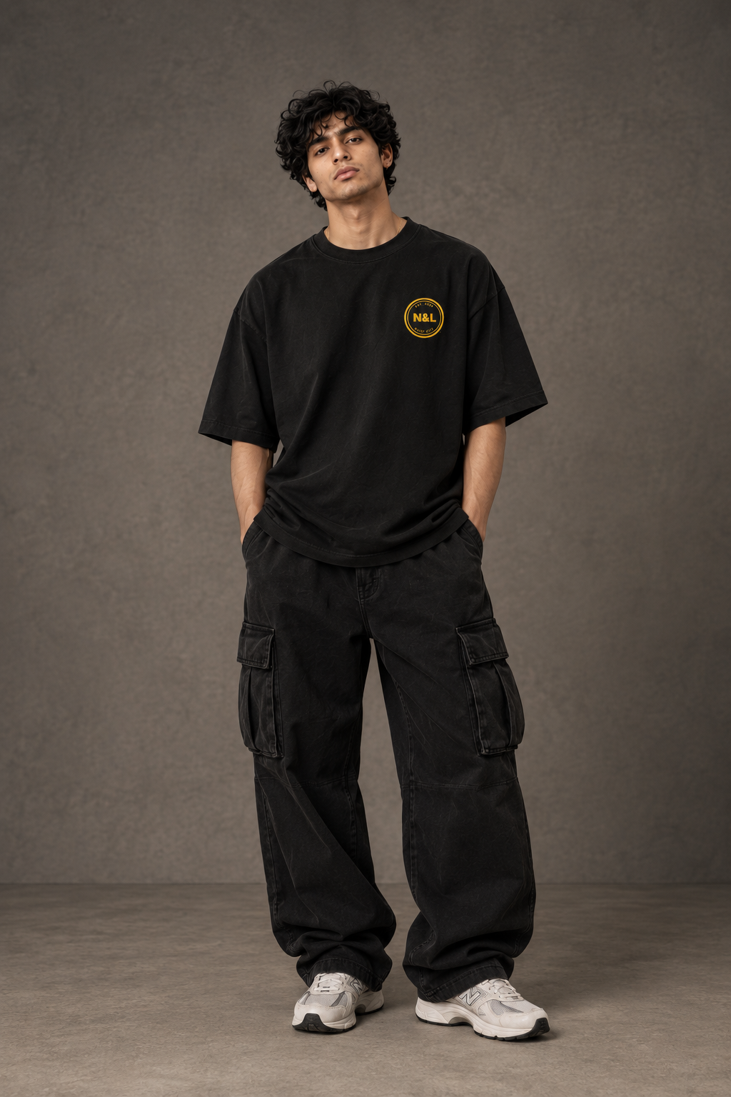 Noir & Lin QUIET CITY oversized graphic tee in Black, studio portrait (AI-generated model image)