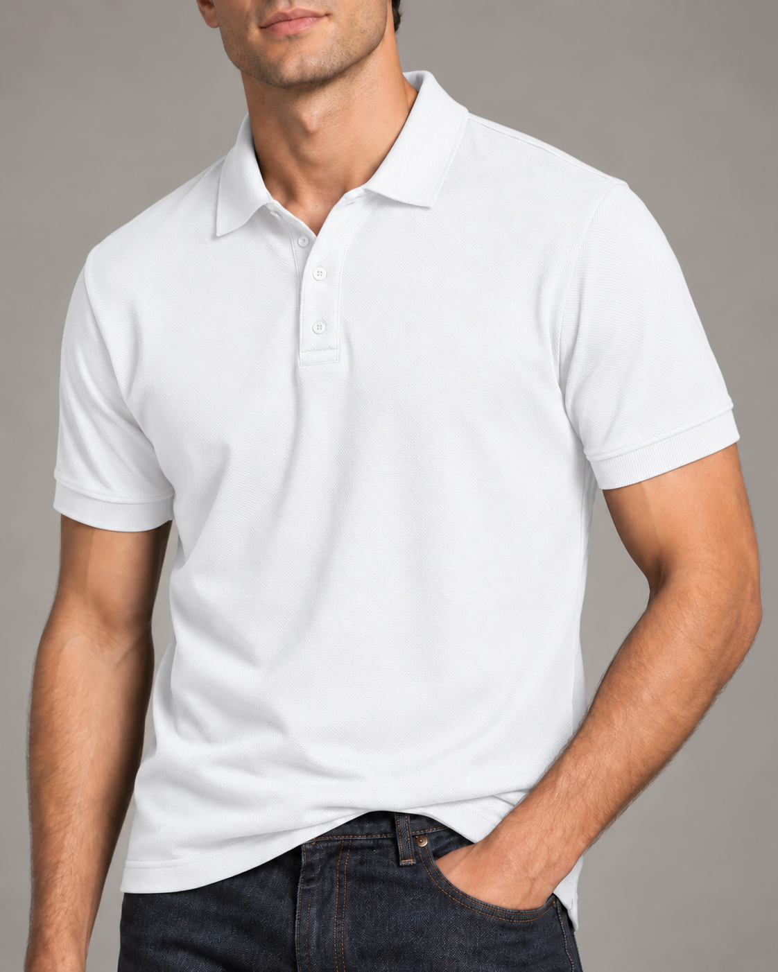 Men's solid polo t-shirt in White, 220 GSM Airtex cotton, studio portrait | Noir & Lin