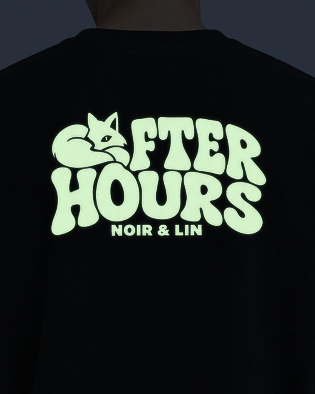 Noir & Lin AFTER HOURS Glow in the Dark tee in Black, back print glow close-up