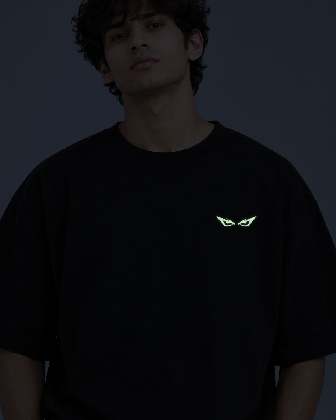 Noir & Lin AFTER HOURS Glow in the Dark tee in Black, chest print glowing at night