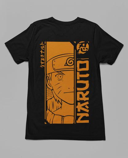 Black t-shirt with Naruto graphic design on a gray background