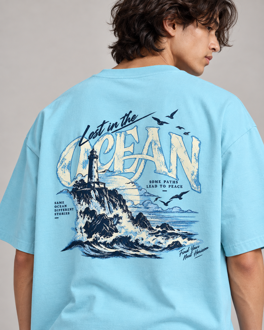 Noir & Lin Lost in the Ocean oversized tee in Baby Blue, front view