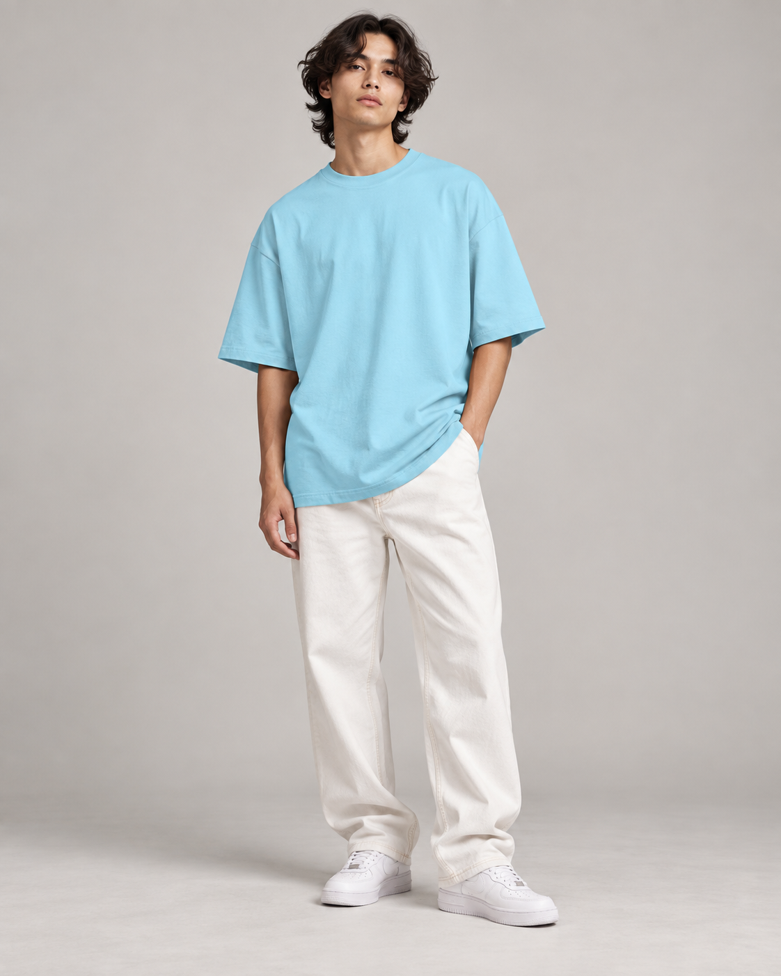 Noir & Lin Lost in the Ocean oversized tee in Baby Blue, styled detail shot