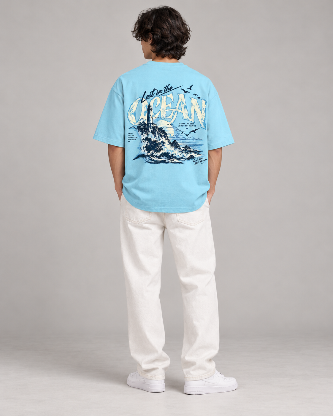 Noir & Lin Lost in the Ocean oversized tee in Baby Blue, side view